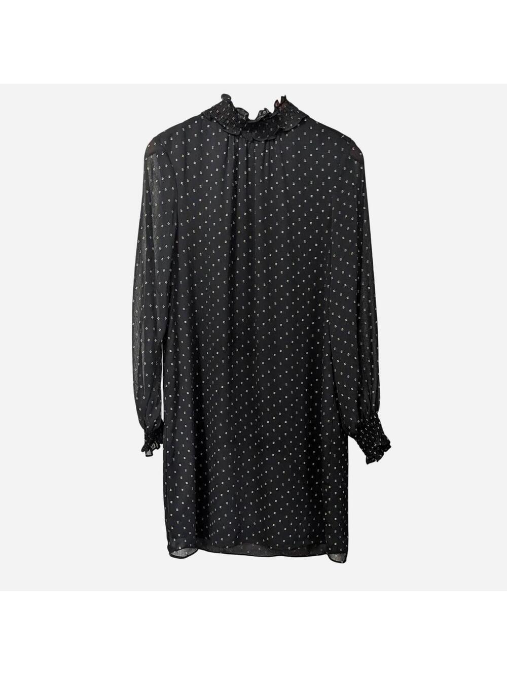 Black & White Polka Dot Mock Neck Chiffon Smocked Ruffled Mini Shift Dress S